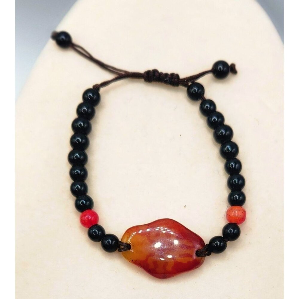 Handmade Carnelian & Onyx Beaded Adjustable Bracelet